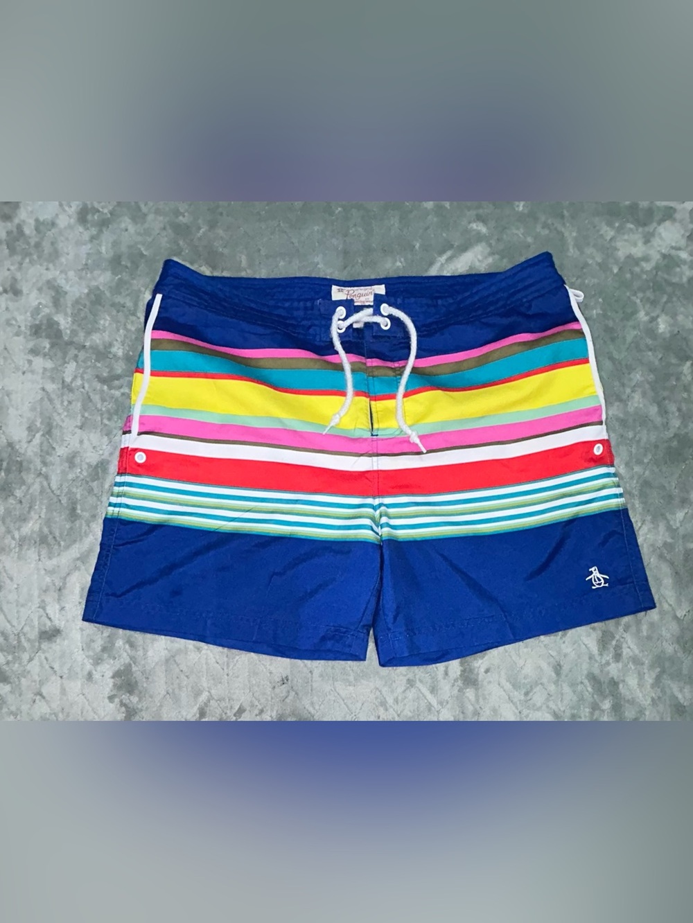Original Penguin Blue Swim Trunks with Multicolor Stripes